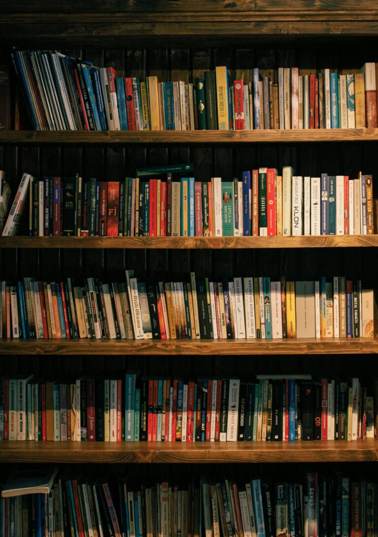 An extensive collection of books neatly arranged on a wooden bookshelf in a library setting.