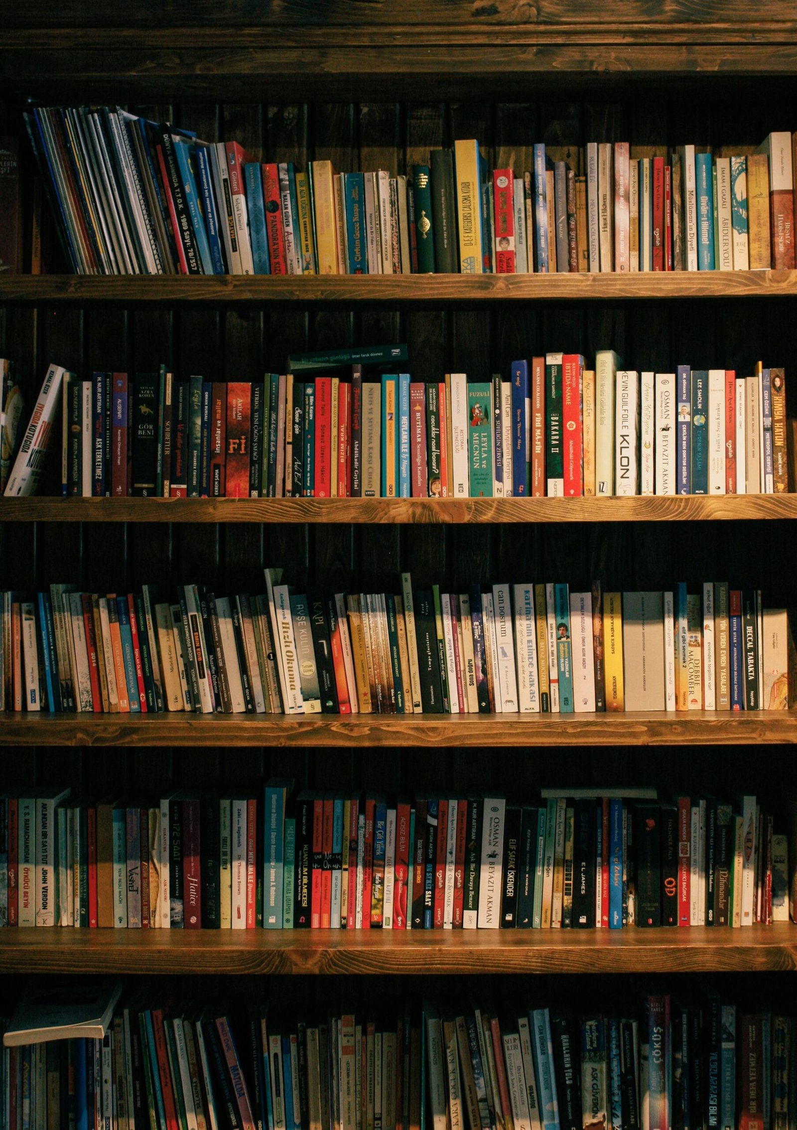 An extensive collection of books neatly arranged on a wooden bookshelf in a library setting.